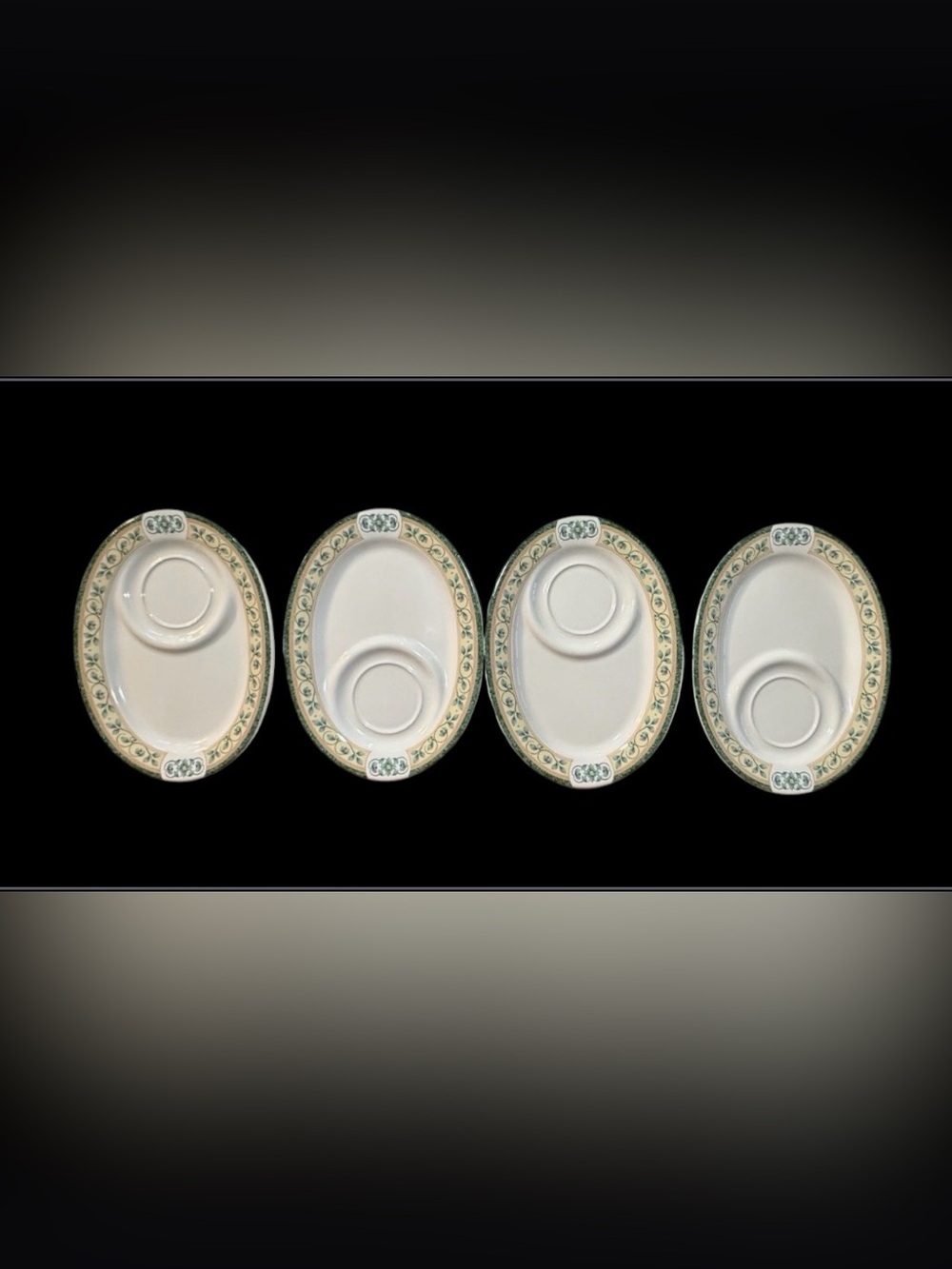 Pfaltzgraff French Quarter Stoneware Snack Trays Oval Green Cream Floral Border
